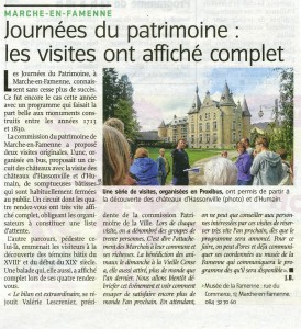 Journées du patrimoine 2015 à Marche-en-Famenne (L'Avenir du Luxembourg 16/09/2015)